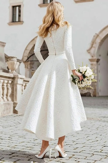 Ivory Jacquard Boat Neck A Line Registry Office Wedding Dress
